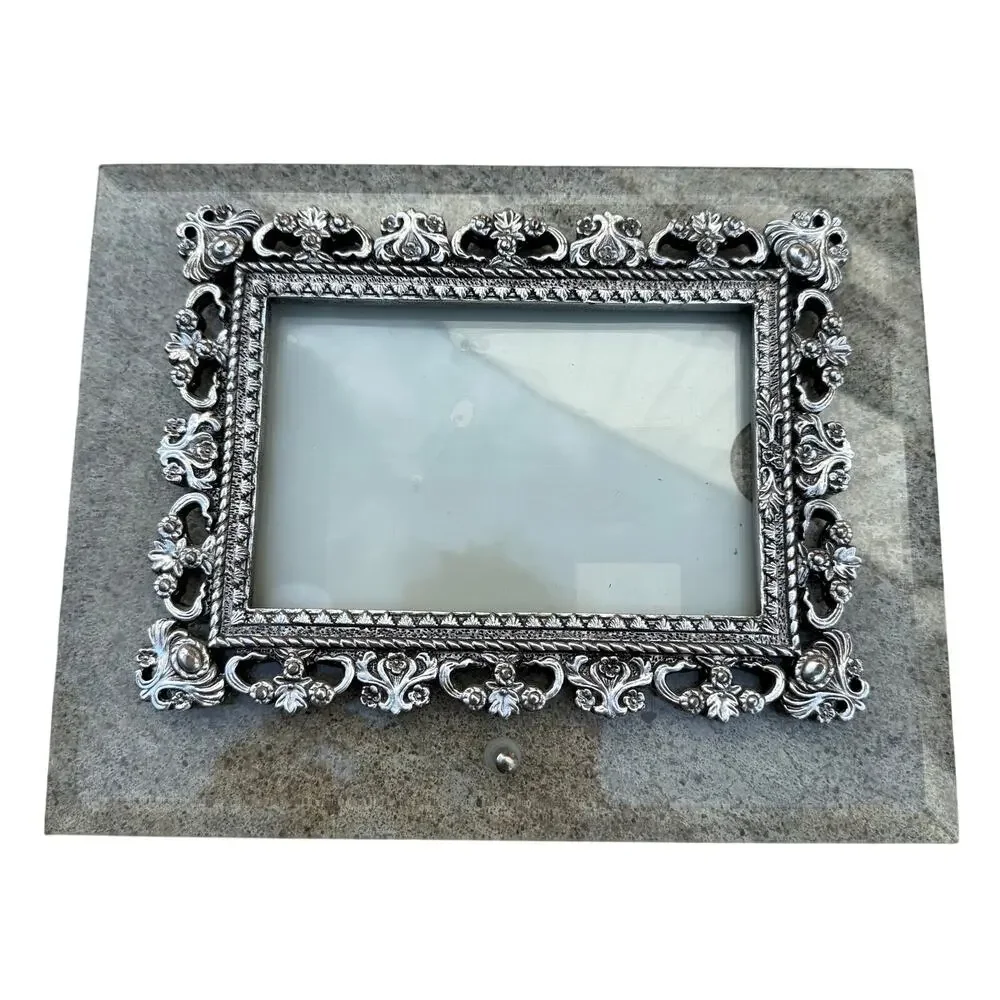 VTG Beveled Glass Silver Tone Picture Frame Ornate Victorian Scrollwork READ 4x6